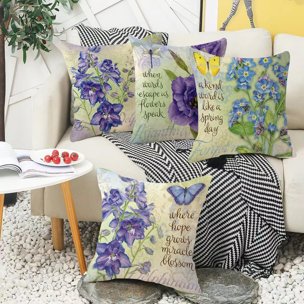 Set of 4 Floral Decorative Throw Pillow Covers (18" x 18") for Spring and Summer - Farmhouse Style Cushion Cases for Sofa, Couch, Living Room, and Outdoor Patio Home Decor