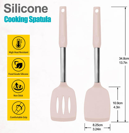 2 Pack Spatulas, Solid & Slotted Silicone Spatula Set, Stainless Steel Handle Coated with Silicone, Non Stick Turners, Heat Resistant Rubber Spatulas for Fish, Eggs, Pancakes, WOK, Pink