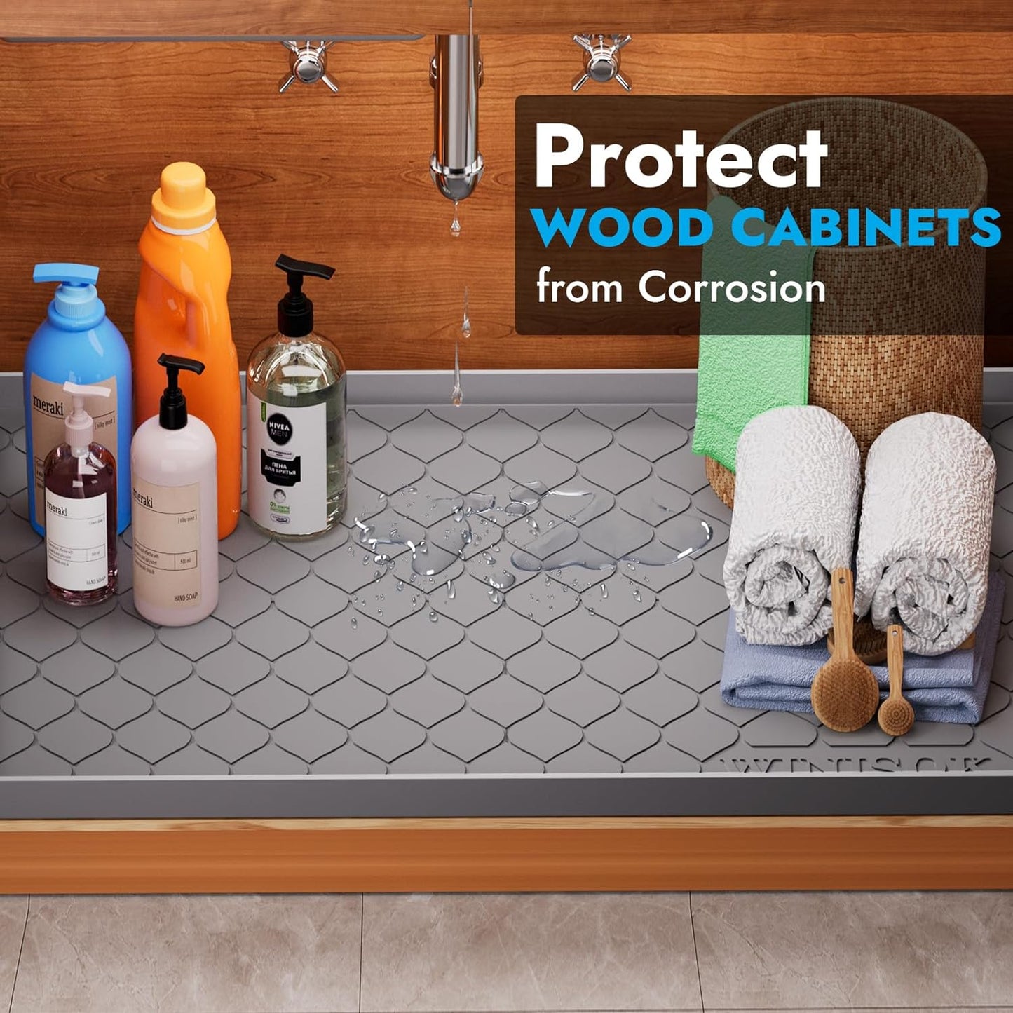 Waterproof under Sink Mat -34” X 22” Cabinet Liner for Kitchen & Bathroom, Shelf Protector Silicone under Sink Tray, Kitchen Cabinet Organizers and Storage Sink Drip Tray