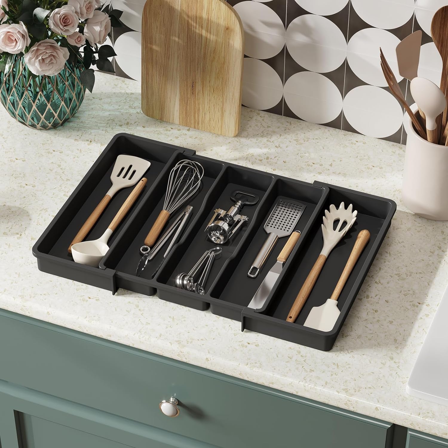 Utensil Organizer for Kitchen Drawers, Expandable Cooking Utensil Tray, Adjustable Cutlery Silverware Flatware Holder, Plastic Kitchen Spatula Tools and Gadgets Storage Divider, Large, Black