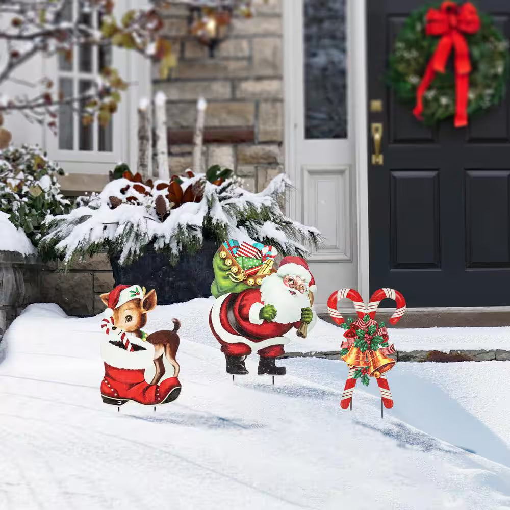 24 In. H Set of 3 Metal Glitter Santa, Reindeer and Candy Cane Christmas Yard Decor Yard Stake