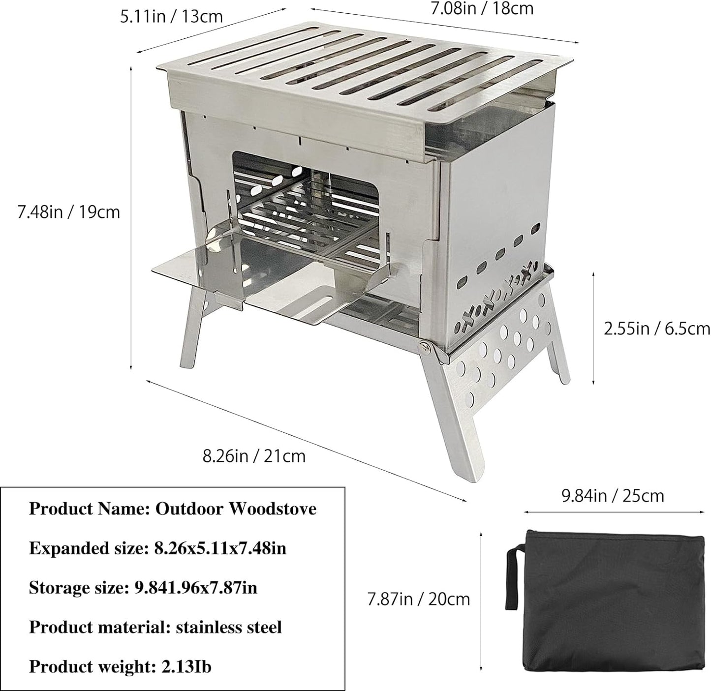 Portable Wood Burning Camping Stove, Folding Stainless Steel Stove with Carry Bag for Camping, Backpacking & Hiking.