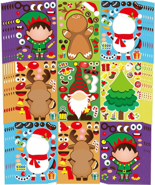 36 Sheets Christmas Party Games Sticker, Make Your Own Gnome Gingerbread Man Snowman Reindeer Face Christmas Character Stickers, Mix and Match Sticker Sheets Christmas Crafts Activities Sticker For
