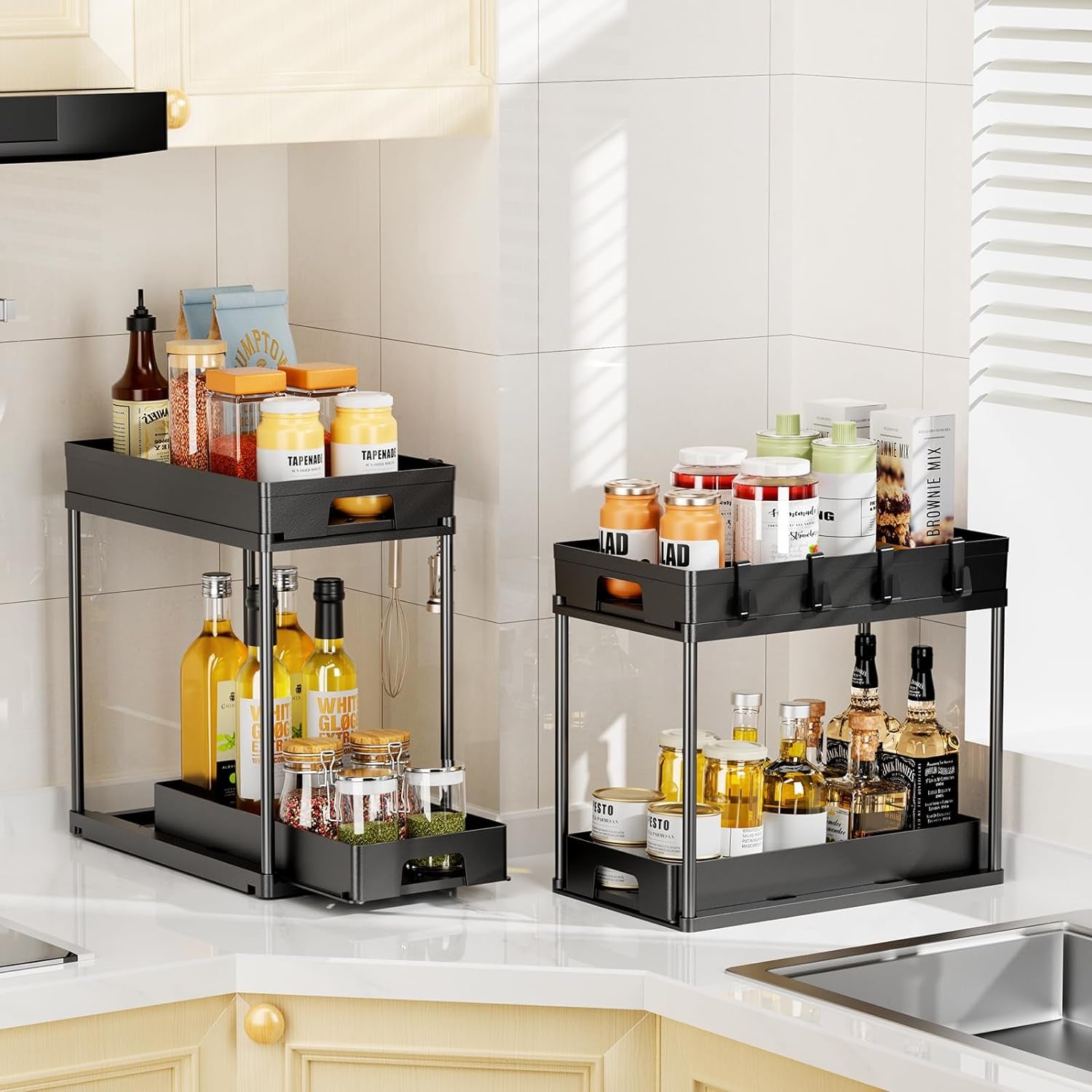 under Sink Organizers and Storage, 2 Pack Pull Out Kitchen Bathroom Cabinet Organizer, 2 Tier Black under Sink Storage for Bathroom Kitchen, under Counter Storage Organizer with 8 Hooks