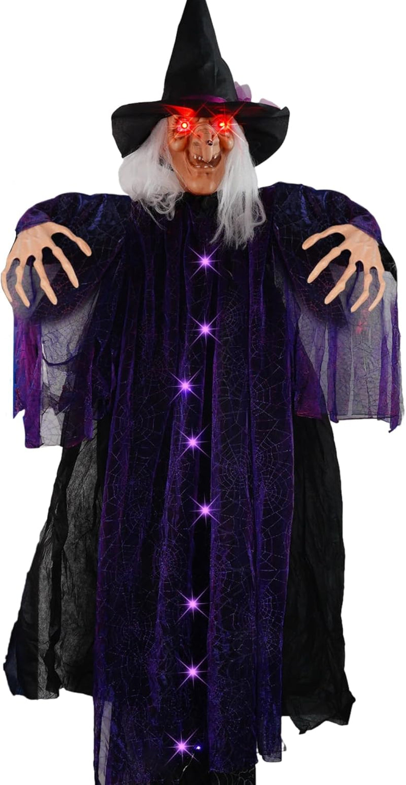 6 FT Hanging Witch Outdoor Halloween Decorations, Light up Hanging Witch with Sound Activation for Halloween Haunted House Props Party Supplies Yard Outdoor Indoor Decor