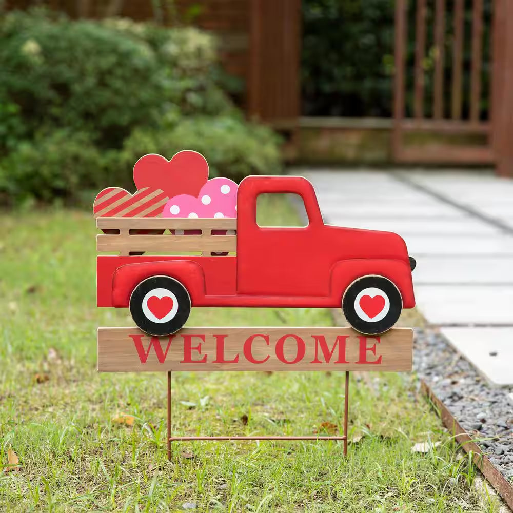 24 In. H Metal/Wooden Valentine'S Truck Yard Stake or Hanging Sign (KD, 2 Function)