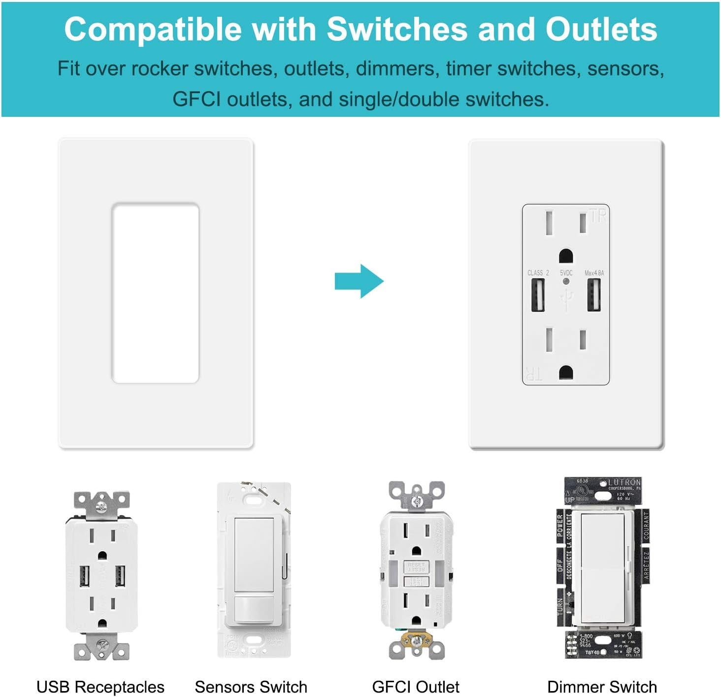 10 Pack 1-Gang Screwless Wall Plate, Decora Outlet Cover Plates, 4.57” H X 2.76” L, for Light Switch, Dimmer, GFCI, USB Outlet