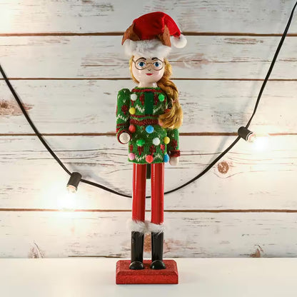 15 In. Wooden Christmas Ugly Sweater Nutcracker -Red and Green Nutcracker Girl with an Ugly Sweater and Reindeer Hat