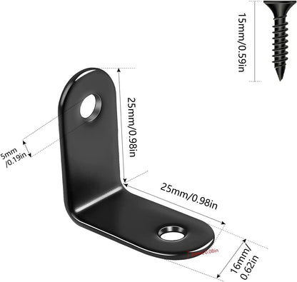 24-Pack L Bracket Corner Brace Sets, 0.98 x 0.98 Inch Black Stainless Steel 90-Degree Right Angle Brackets with Screws for Wood, Shelves, Furniture, and Cabinets