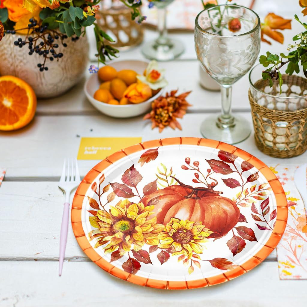 25Pcs Fall Paper Plates - 7 Inch Pumpkin & Sunfloral Disposable Plates Decorative Dinner Plates for Party Tableware Supplies Table Decor