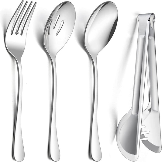 Large Serving Utensils Set of 8, Stainless Steel 9.8 Inch Serving Spoons Slotted Spoon, 9.9 Inch Serving Fork, 9.4 Inch Serving Tong for Buffet Catering Banquet, Mirror Finish & Dishwasher Safe