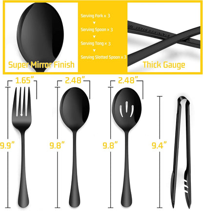 Large Black Serving Utensils Set of 12,  Stainless Steel 9.8 Inch Serving Spoons Slotted Spoon, 9.9 Inch Serving Forks, 9.4 Inch Serving Tong for Buffet Catering, Mirror Finish & Dishwasher Safe