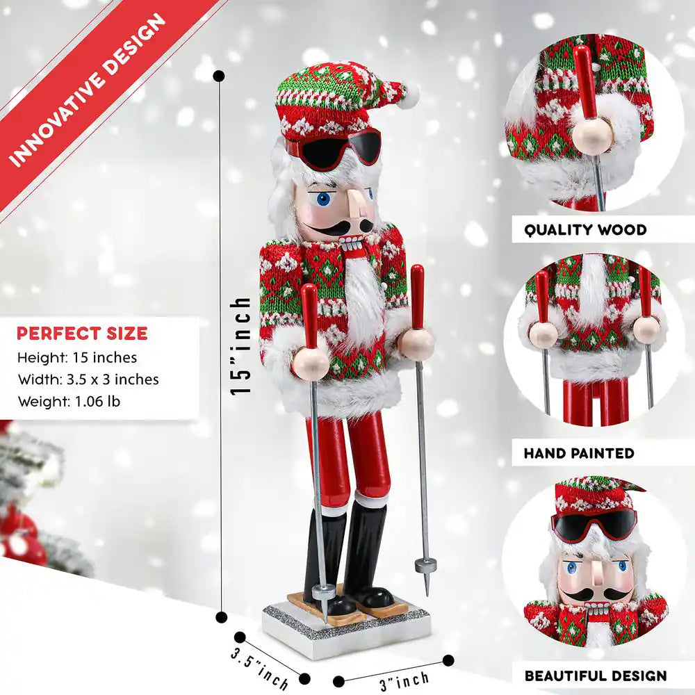 15 In. Wooden Christmas Skier Man Nutcracker -Red and Green Nutcracker Guy with Ugly Sweater and Skis in Skiing Pose