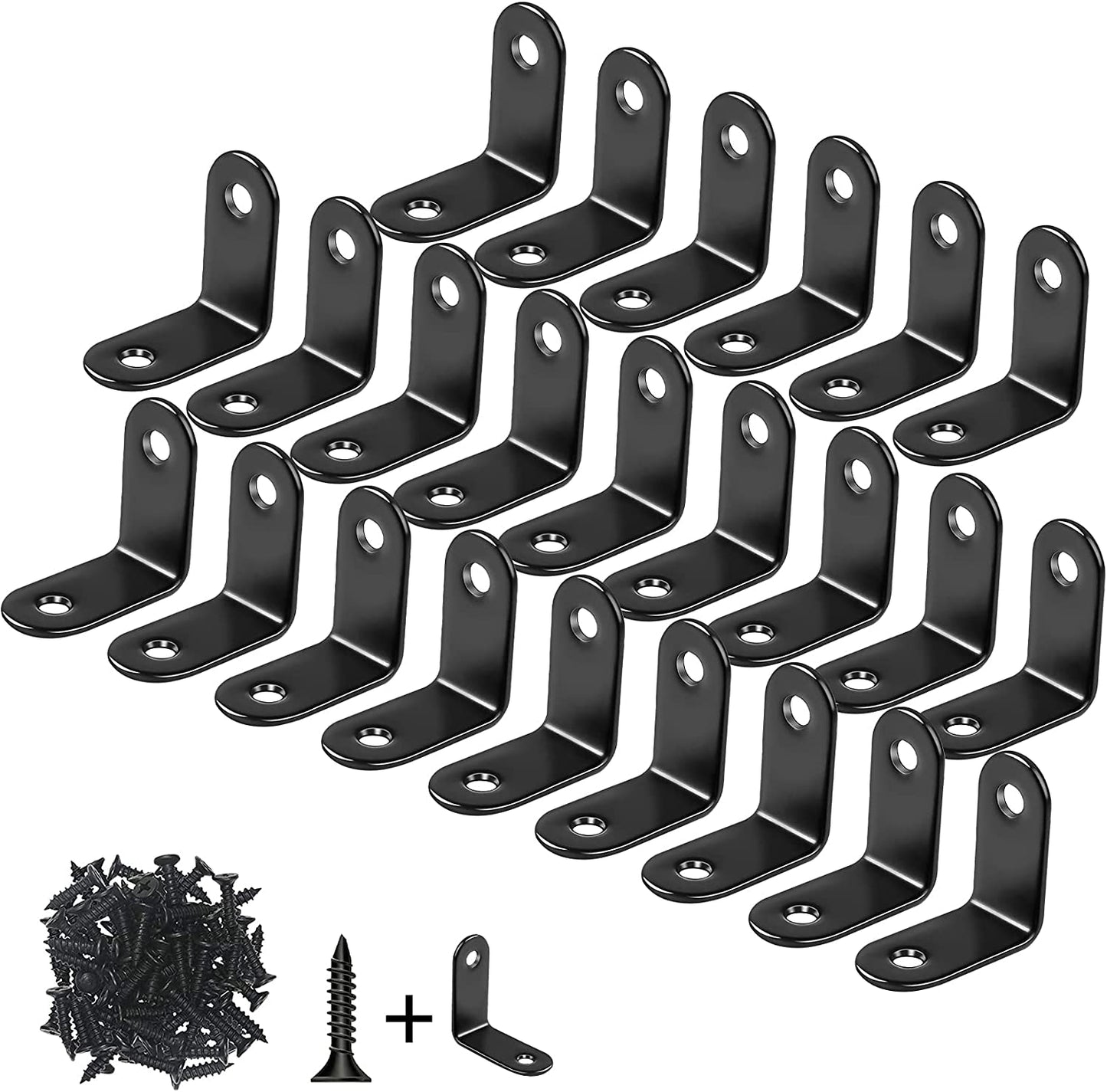 24-Pack L Bracket Corner Brace Sets, 0.98 x 0.98 Inch Black Stainless Steel 90-Degree Right Angle Brackets with Screws for Wood, Shelves, Furniture, and Cabinets