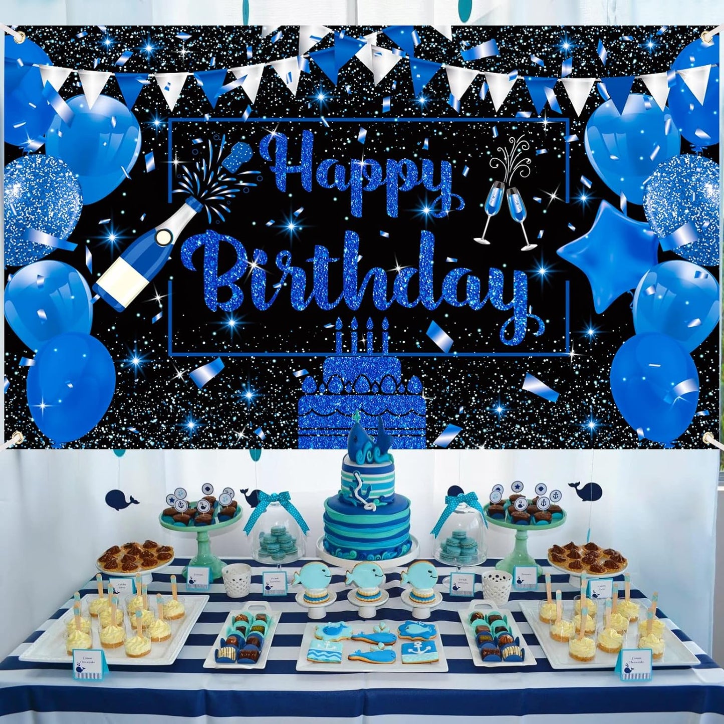 Navy Blue and Black Birthday Banner Decorations - Large Happy Birthday Backdrop for Boys and Girls, Champagne Glass and Balloon Photo Booth Background for Men and Women - 71" x 44" Party Supplies