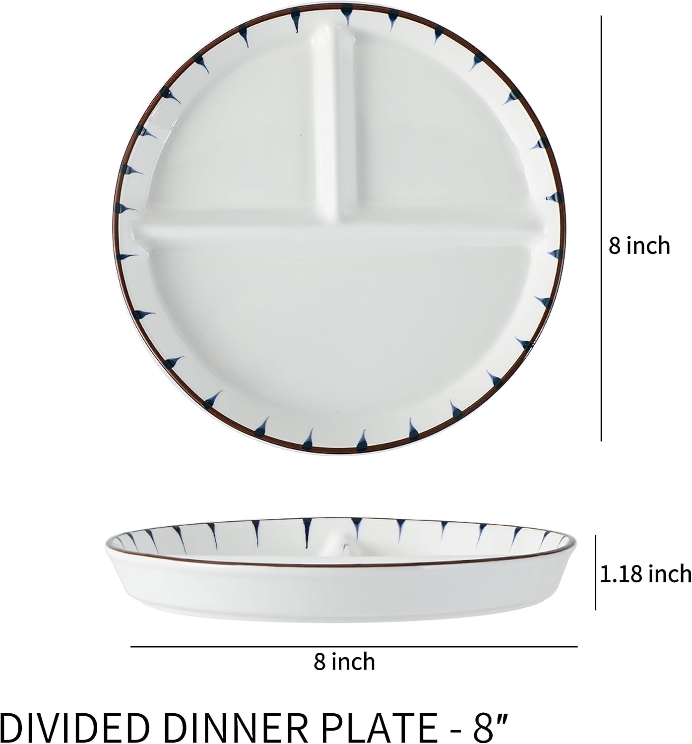 Ceramic Divided Porcelain Dinner Plates - 8 Inch, Breakfast Plate, Lunch Plate, Bowl Dinner Plate, Portion Control Plate, Salad Plate. Kitchen Tableware