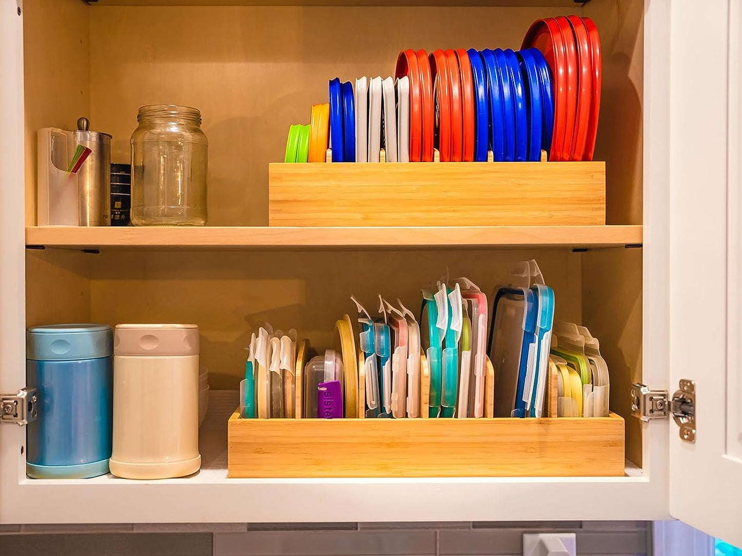 Kitchen Cabinet Organizer for Food Storage Container Lids, with Adjustable Dividers, Bamboo Drawer Caddy, Box for Kitchen Storage and Organization