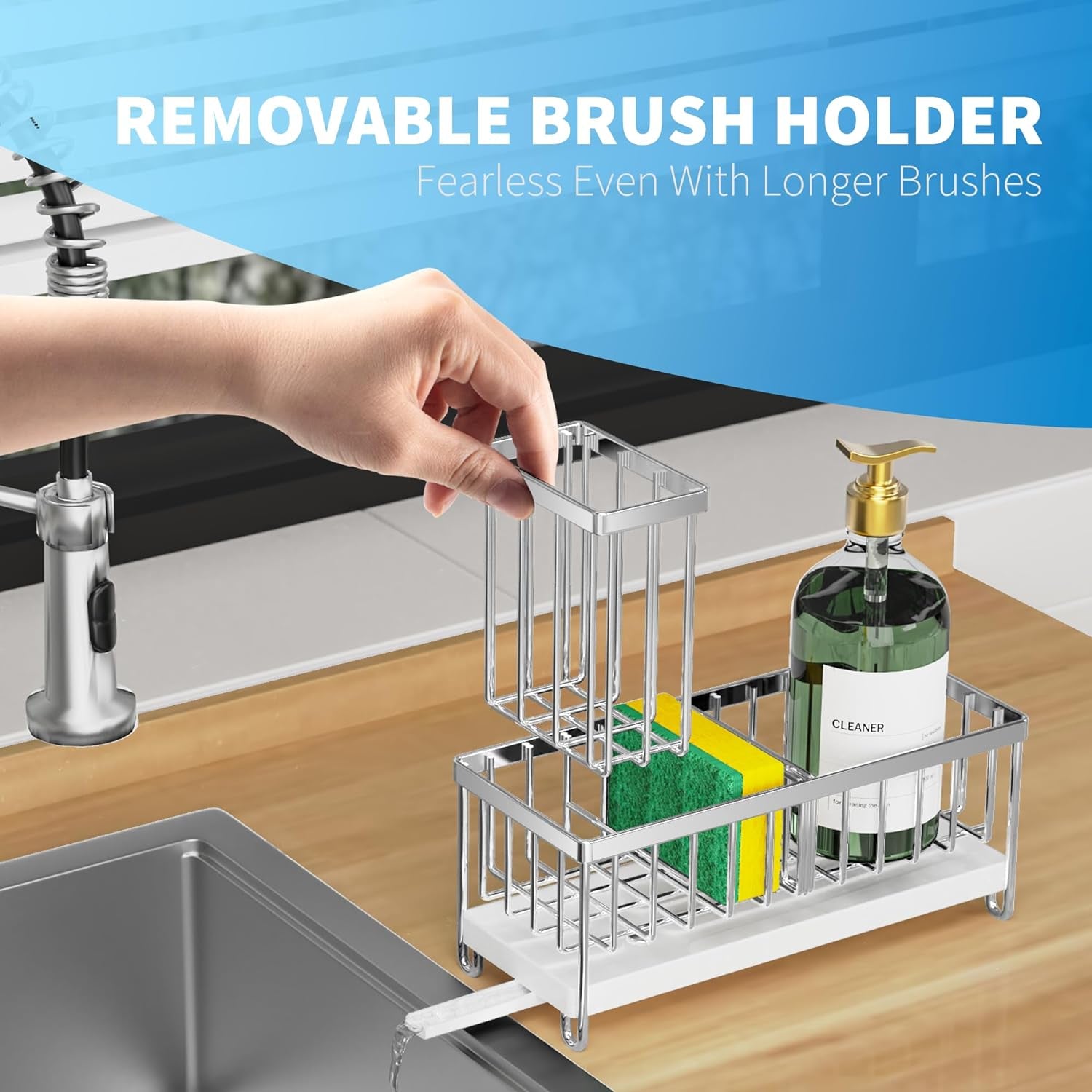 Sponge Holder for Kitchen Sink, Stainless Steel Silver Sink Caddy with High Brush Holder, Organzier Rustproof Dish Organizer, Soap Dispenser Storage, Kitchen Accessories for Organization