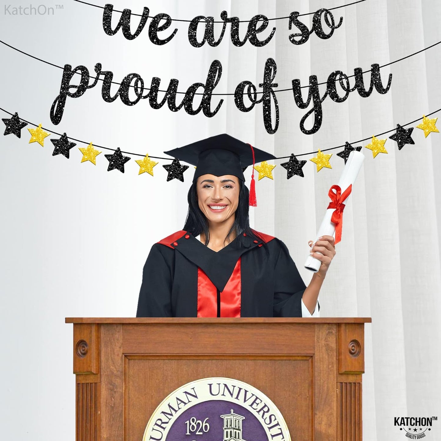 "Glitter 'We Are So Proud of You' Banner - 10 Feet | Elegant Congratulations Banner for Black and Gold Graduation Celebrations, Class of 2024"