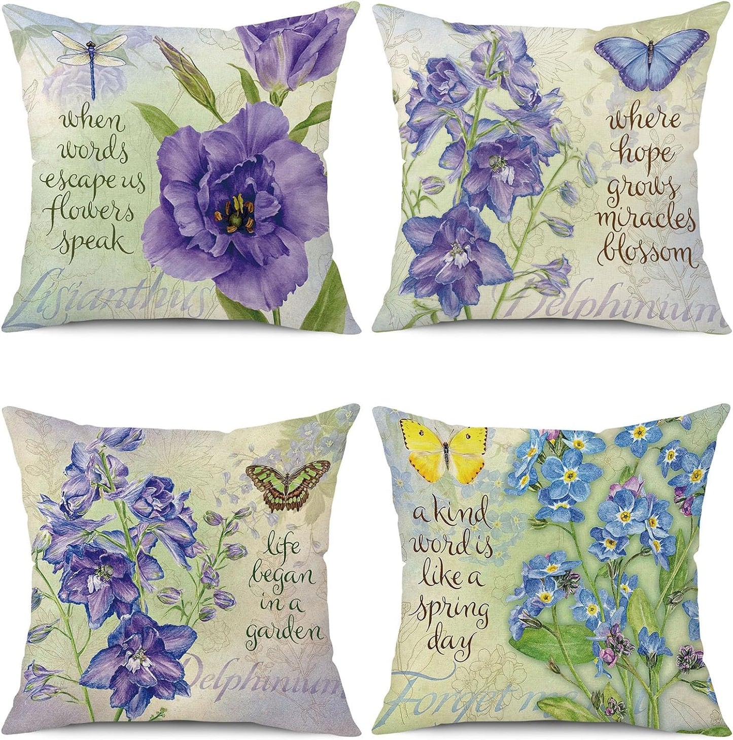 Set of 4 Floral Decorative Throw Pillow Covers (18" x 18") for Spring and Summer - Farmhouse Style Cushion Cases for Sofa, Couch, Living Room, and Outdoor Patio Home Decor