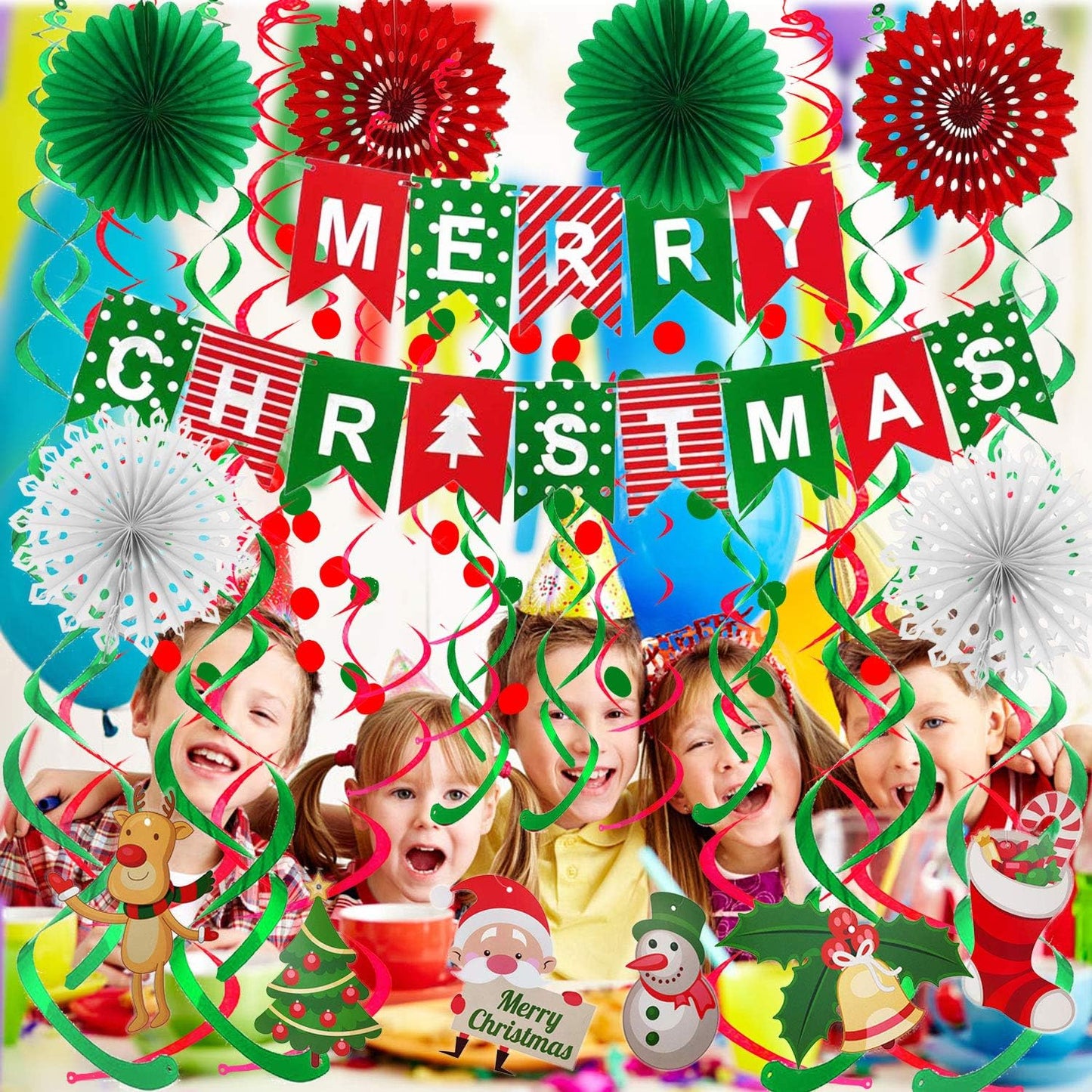 Merry Christmas Banner Paper Fan Flower Circle Confetti Dots Hanging Garlandand Swirl Streamers Christmas Tree Christmas Snowman God Tang for Christmas Party Decoration