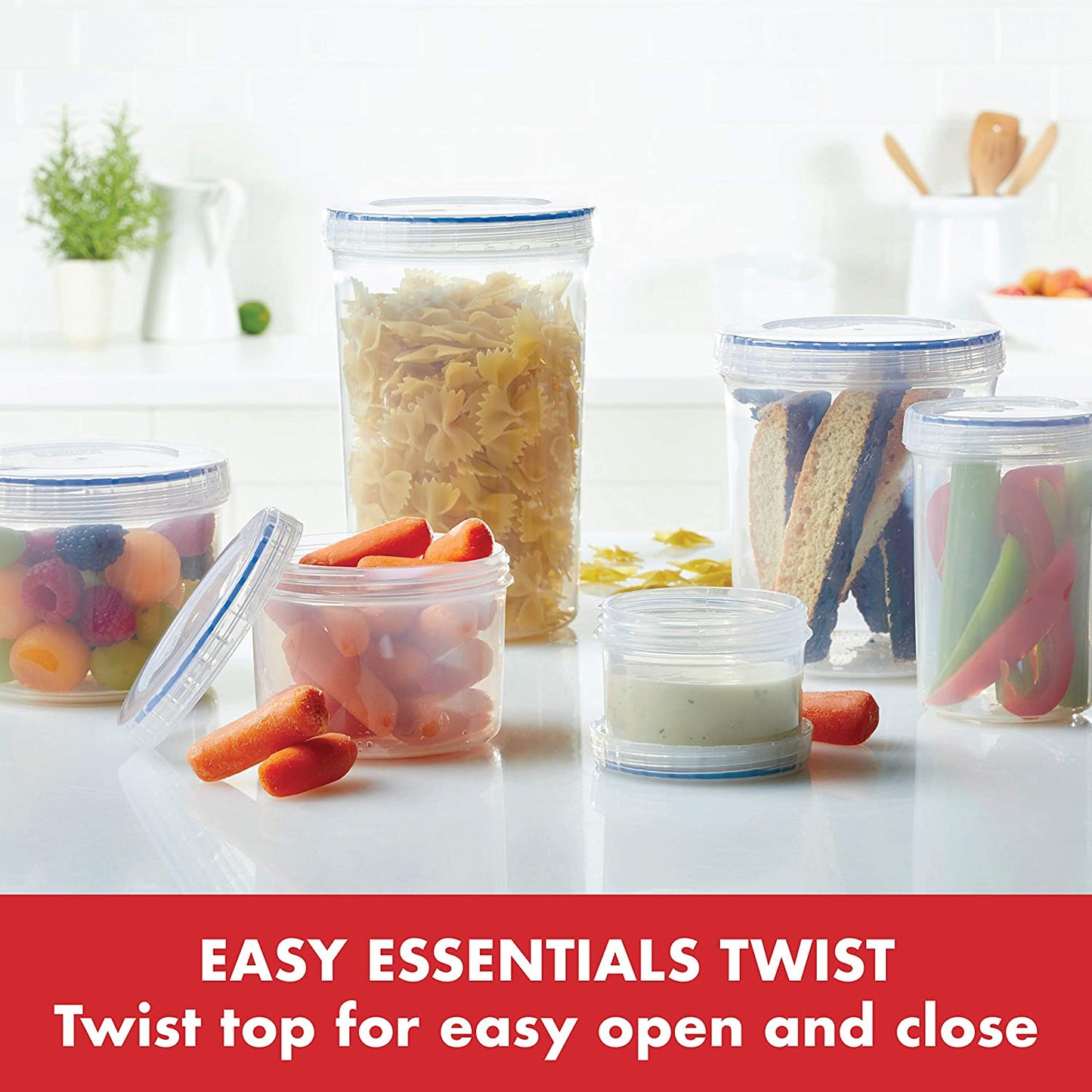 Easy Essentials Twist Food Storage Lids/Airtight Containers, BPA Free, Tall-30.4Oz Clear (Pack of 2)