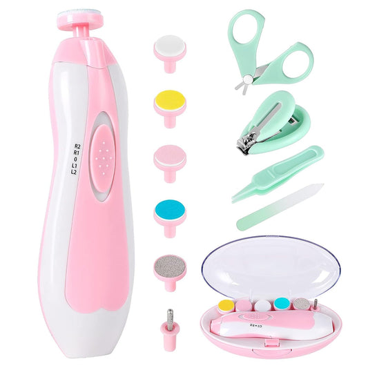 Baby Nail Trimmer Electric-12 in 1 Baby Nail Clippers Safe Baby Nail File Kit with a Nail Clipper, Scissor, Tweezers, and Nail Files (Pink+)