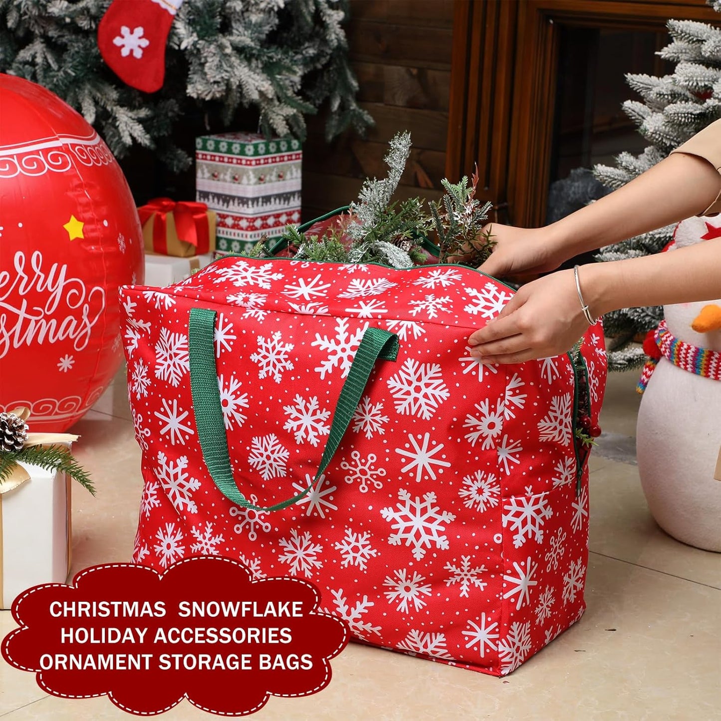 2 Pcs Christmas Ornament Storage 18 X 15 X 10 Inch Snowflake Holiday Accessories Bag Christmas Storage Containers Tear Proof Christmas Ornament Organizer with Handles Full Length Zipper (Red)