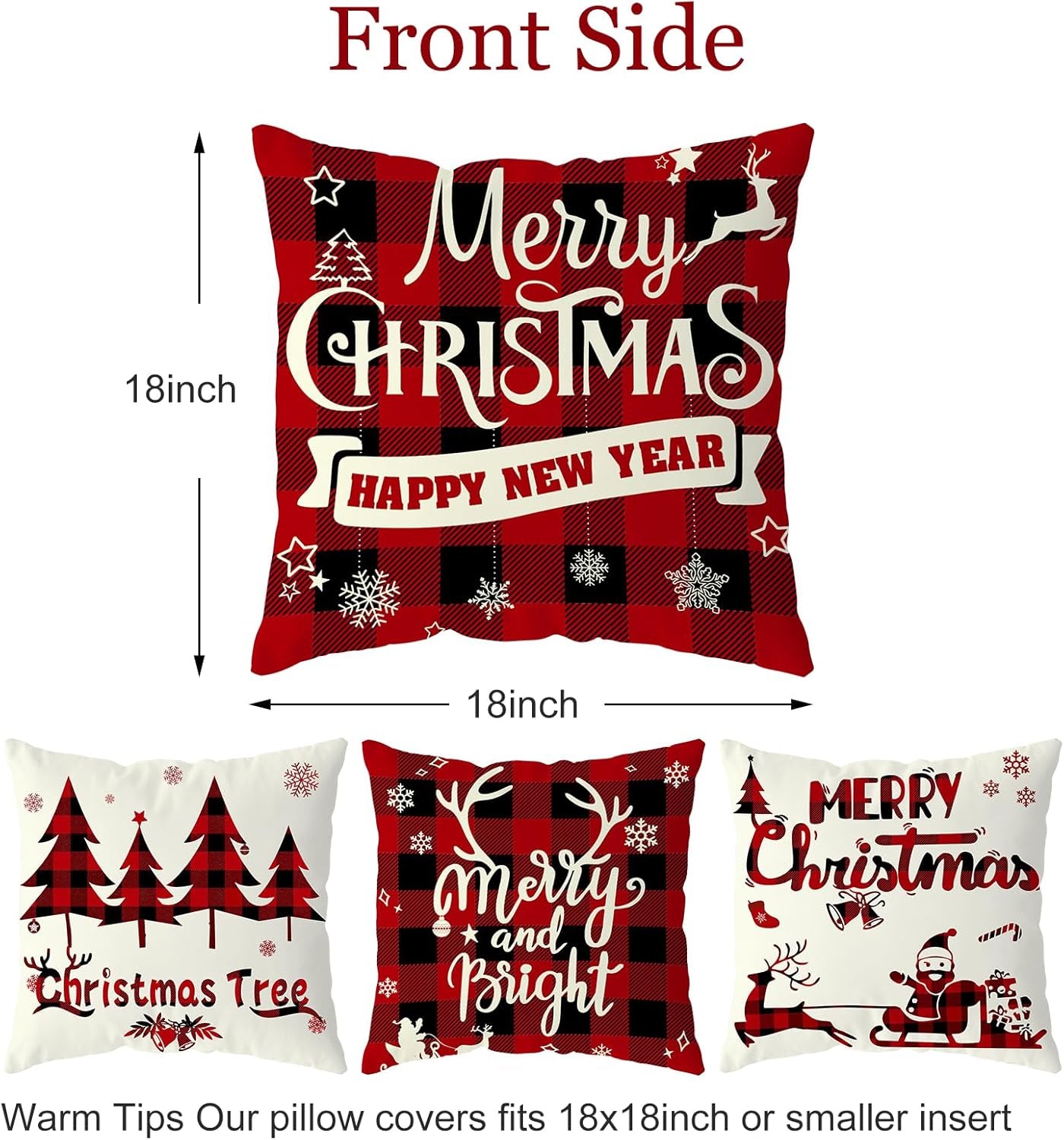 Christmas Decorations, Christmas Decor Christmas Pillow Covers 18X18 Set of 4 Red Black Buffalo Check Plaid Christmas Decorations Clearance Indoor Outdoor Xmas Throw Pillow Cases for Sofa Couch