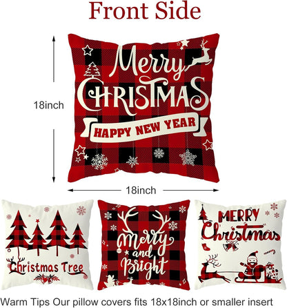 Christmas Decorations, Christmas Decor Christmas Pillow Covers 18X18 Set of 4 Red Black Buffalo Check Plaid Christmas Decorations Clearance Indoor Outdoor Xmas Throw Pillow Cases for Sofa Couch