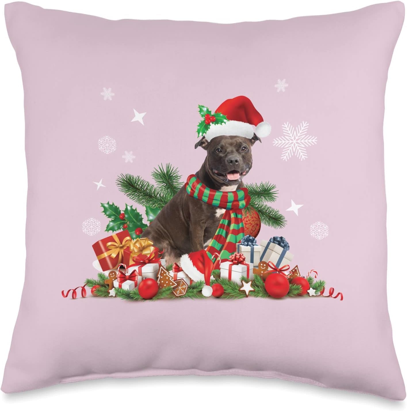 Pit Bull, Pitbull Dog, Christmas Themed, Pink Throw Pillow, 16X16, Multicolor