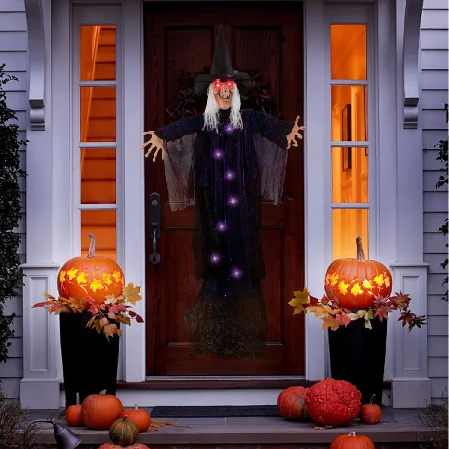 6 FT Hanging Witch Outdoor Halloween Decorations, Light up Hanging Witch with Sound Activation for Halloween Haunted House Props Party Supplies Yard Outdoor Indoor Decor