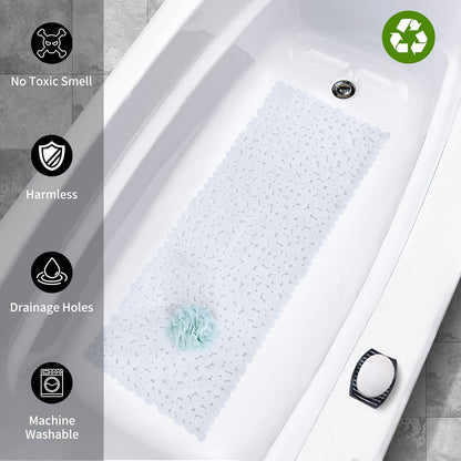 Extra Long Non-Slip Bathtub and Shower Mat - 16 x 40 Inches, White, with Suction Cups and Drainage Holes, Machine Washable