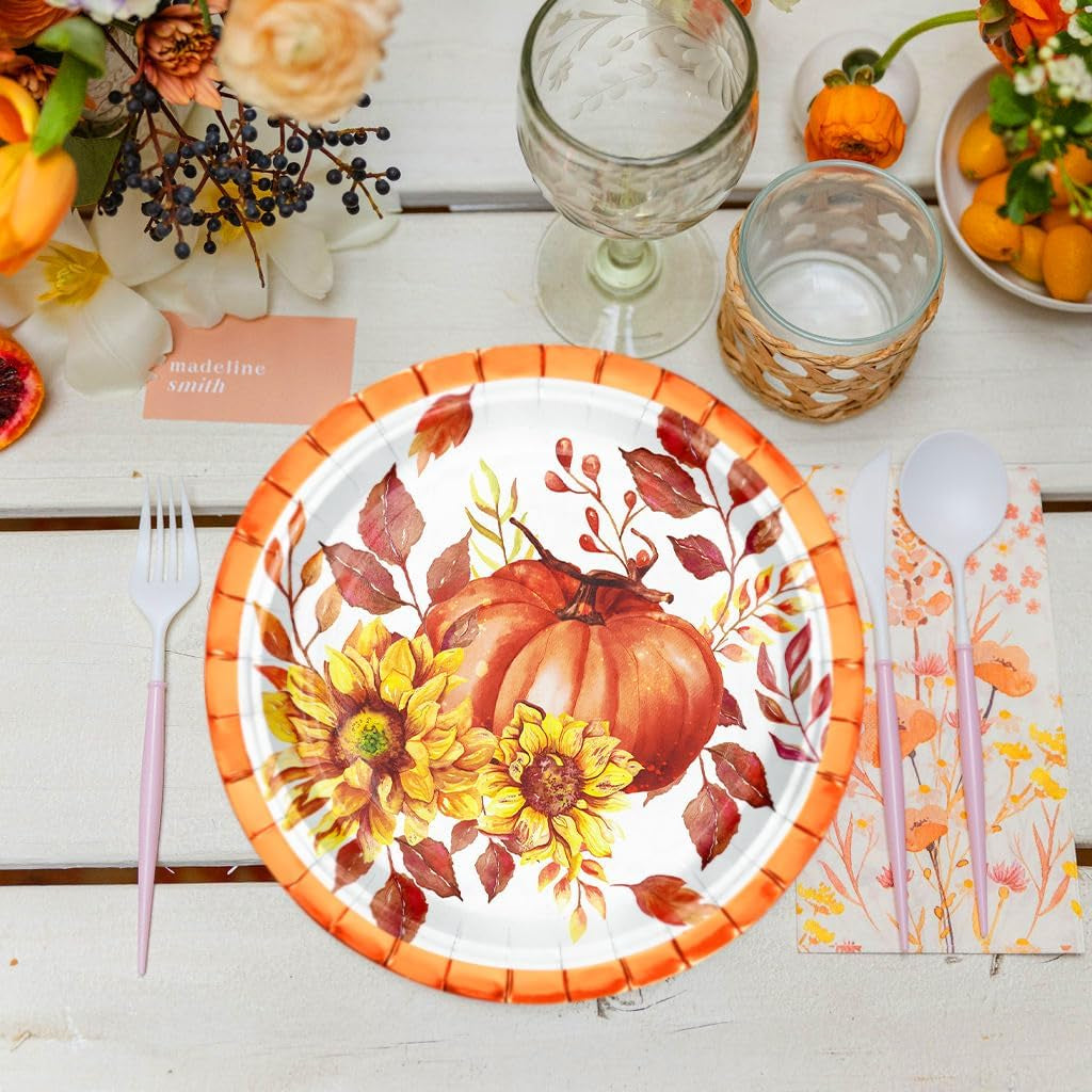 25Pcs Fall Paper Plates - 7 Inch Pumpkin & Sunfloral Disposable Plates Decorative Dinner Plates for Party Tableware Supplies Table Decor