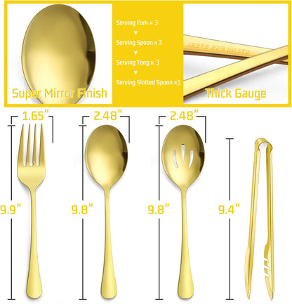 Large Gold Serving Utensils Set of 12,  Stainless Steel 9.8 Inch Serving Spoons Slotted Spoon, 9.9 Inch Serving Forks, 9.4 Inch Serving Tong for Buffet Catering, Mirror Finish & Dishwasher Safe