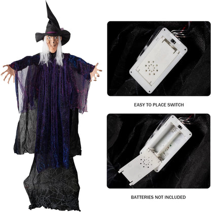 6 FT Hanging Witch Outdoor Halloween Decorations, Light up Hanging Witch with Sound Activation for Halloween Haunted House Props Party Supplies Yard Outdoor Indoor Decor