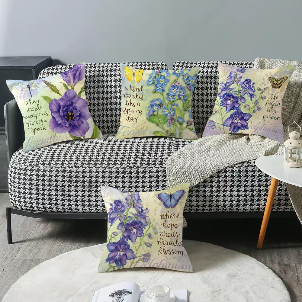 Set of 4 Floral Decorative Throw Pillow Covers (18" x 18") for Spring and Summer - Farmhouse Style Cushion Cases for Sofa, Couch, Living Room, and Outdoor Patio Home Decor