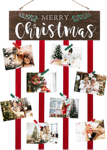 Christmas Card Holder Display, Card Holder Wall Display,Merry Christmas Wooden Decor,Hanging Picture Holders, Xmas Card Display with 24 Photo Clips, Christmas Decor for Wall Door Window Home