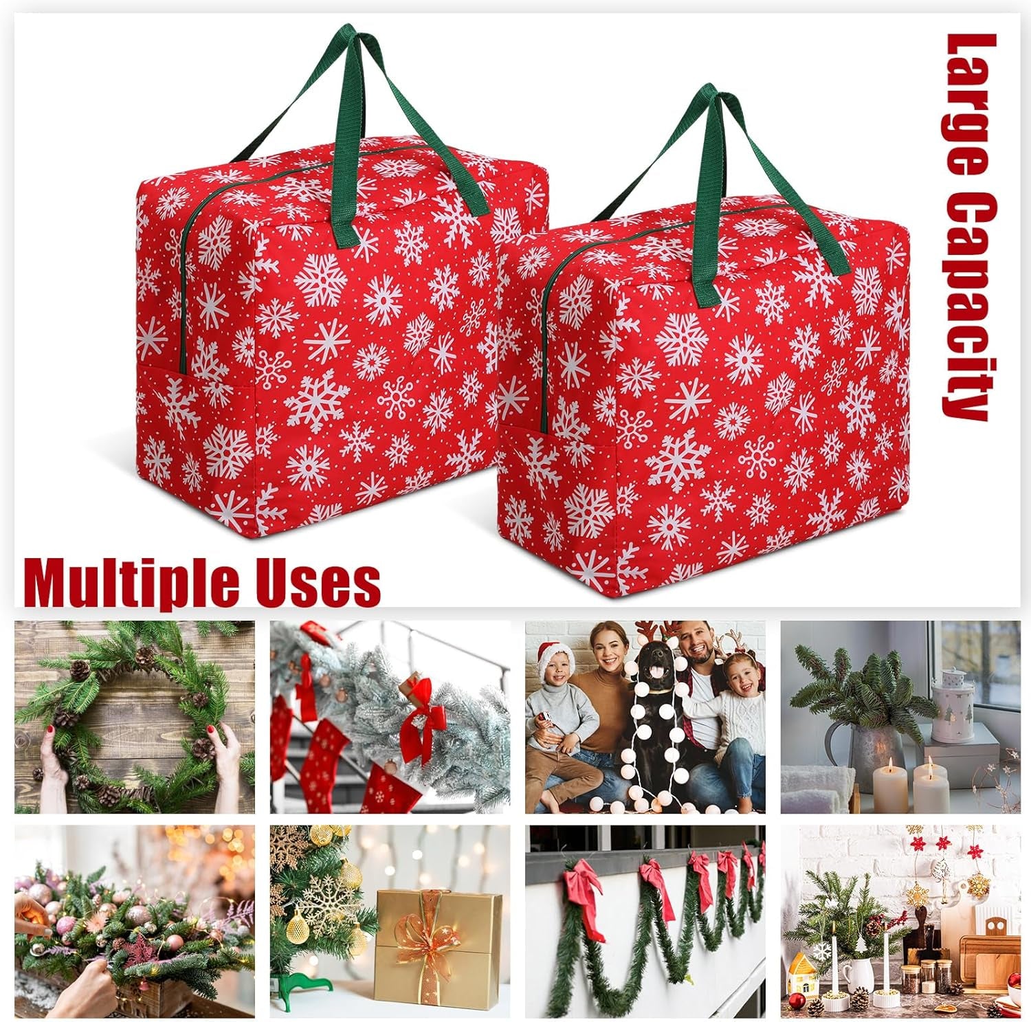 2 Pcs Christmas Ornament Storage 18 X 15 X 10 Inch Snowflake Holiday Accessories Bag Christmas Storage Containers Tear Proof Christmas Ornament Organizer with Handles Full Length Zipper (Red)