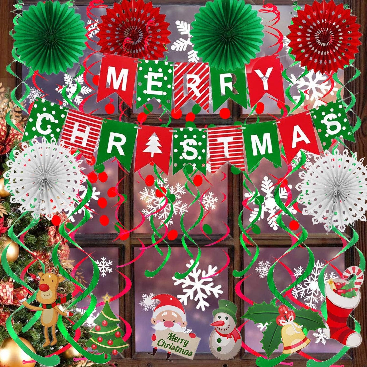 Merry Christmas Banner Paper Fan Flower Circle Confetti Dots Hanging Garlandand Swirl Streamers Christmas Tree Christmas Snowman God Tang for Christmas Party Decoration