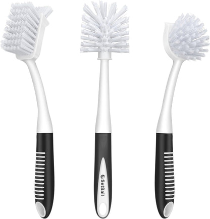 Dish Brush Set of 3 with Bottle Brush, Dish Scrub Brush with Long Handle Deep Cleaning Handle Brush with Scraper Tip for Kitchen Sink Dishes Bottle Cup Pot and Pans Tile Lines, Black