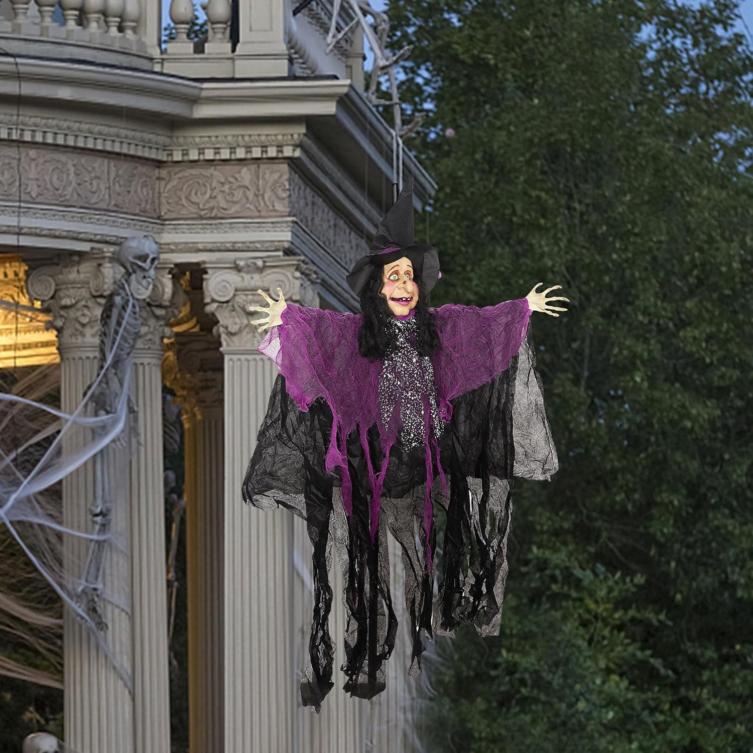 47" H Halloween Hanging Witch Prop, Life-Size Voice-Activated Witch with Eerie Sound & Eyes Glow Colorful Lights for Haunted House Yard Porch Trees Entrance Magic Parties Decor