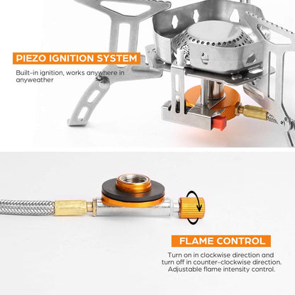 3500W/6800W Windproof Camping Gas Stove with Piezo Ignition & Carry Case, Collapsible Burner for Backpacking, Hiking & Picnics.