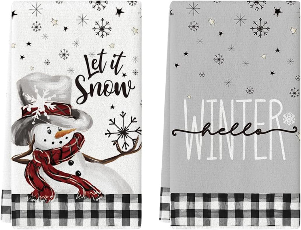 Buffalo Plaid Snowman Let It Snow Winter Kitchen Towels Dish Towels, 18X26 Inch Daily Seasonal Christmas Decoration Hand Towels Set of 2