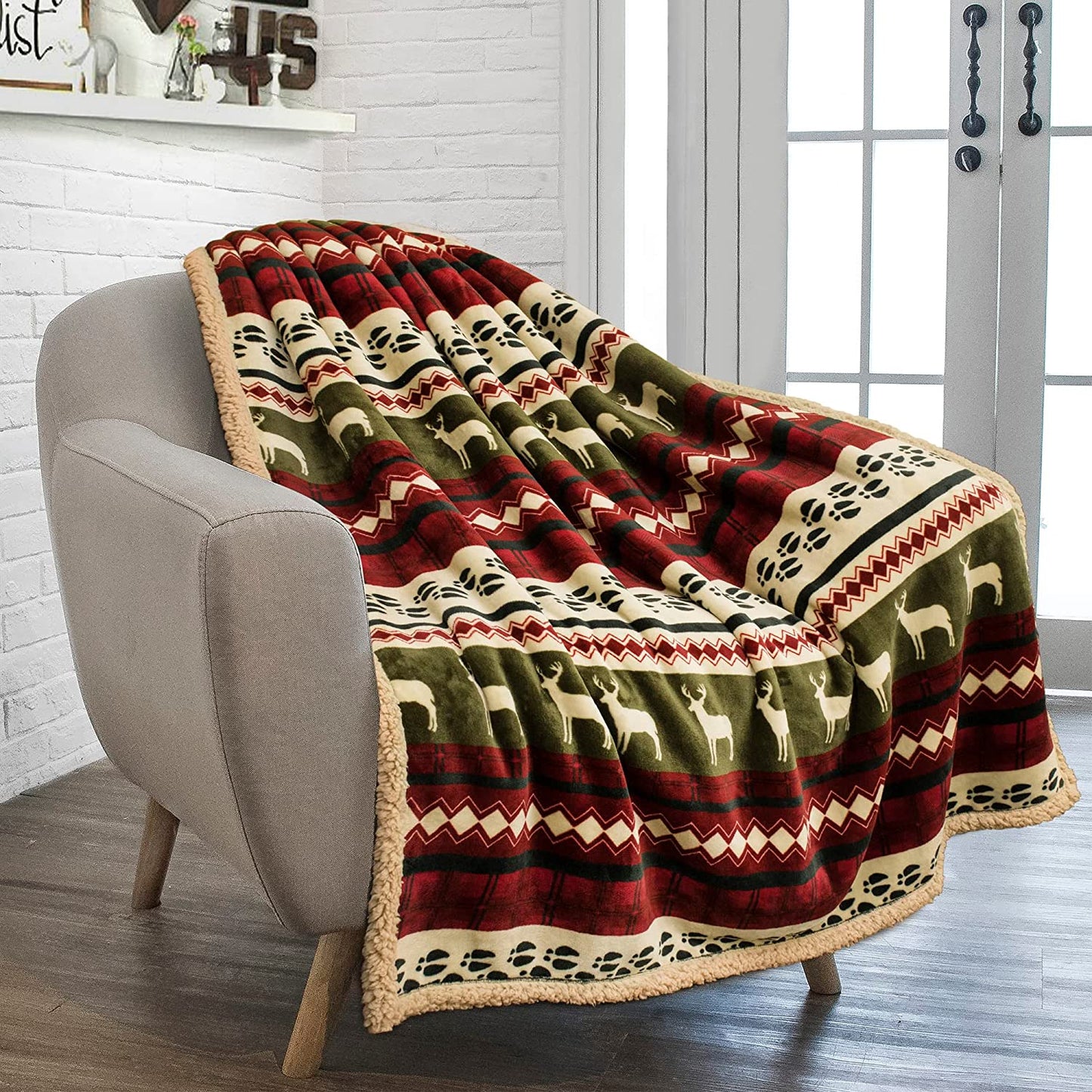 Premium Christmas Blanket Sherpa Fleece Throw| Plush Christmas Decoration, Reindeer, Cozy Reversible Winter Holiday Cabin Blanket for Sofa Couch 50X60