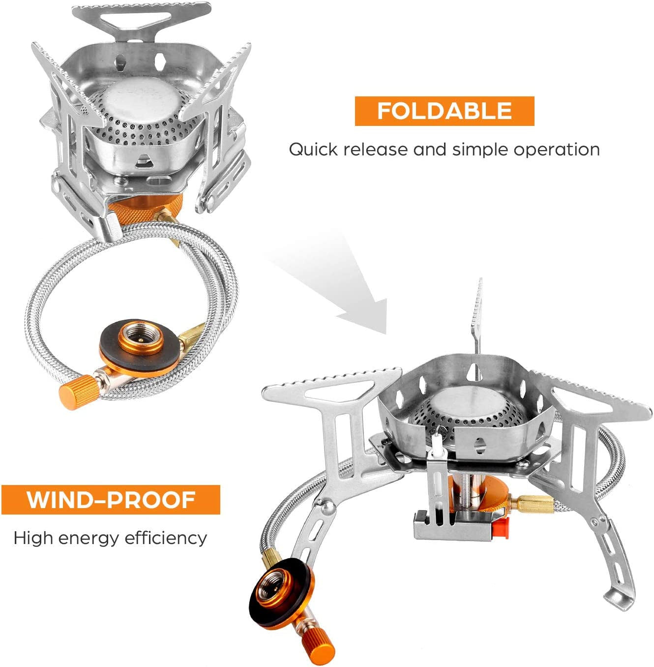 3500W/6800W Windproof Camping Gas Stove with Piezo Ignition & Carry Case, Collapsible Burner for Backpacking, Hiking & Picnics.