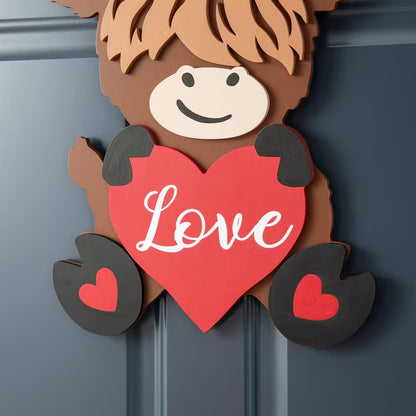 18 In. H Valentine'S Wooden Highland Cow with Heart Door Hanger