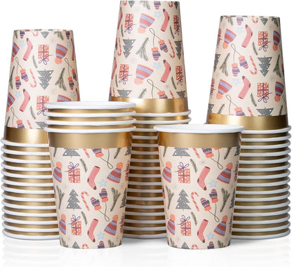 Disposable Paper Coffee Cups, Bulk 50-Pack, Christmas Party Supplies Treat Cups, 12 Oz Hot and Cold Cups for Restaurants and Parties, Christmas Items, Gold Foil