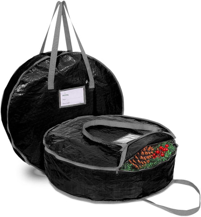 Christmas Wreath Storage Bag 24" - Garland Holiday Container with Tear Resistant Material - Featuring Heavy Duty Handles and Transparent Card Slot - 2 Pack (24 Inch, Black)