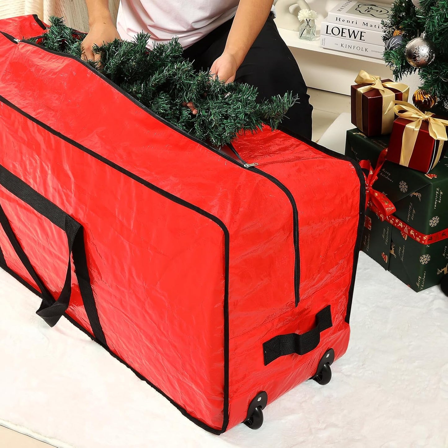 Christmas Tree Storage Bag, Fits for 7.5 Ft Xmas Artificials, Zippered Box with Reinforced Carrying Handles and Wheels, Red (Container Only)